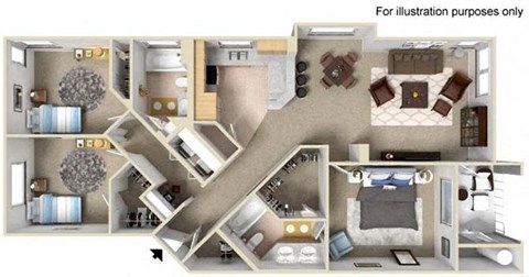 Floor plan for 3 beds, 2 baths, 1356 sqft