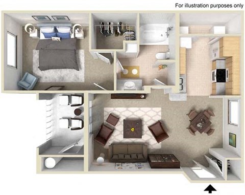 Floor plan for 1 bed, 1 bath, 709 sqft