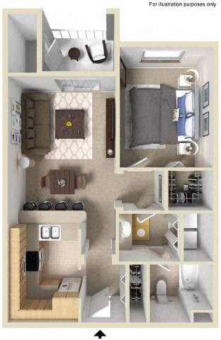 Floor plan for 1 bed, 1 bath, 723 sqft