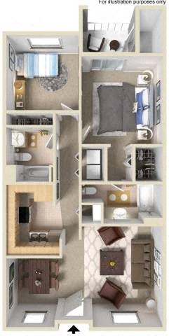 Floor plan for 2 beds, 2 baths, 1023 sqft