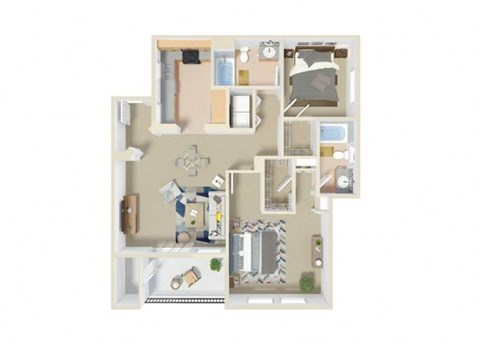 Floor plan for 2 beds, 2 baths, 1037 sqft