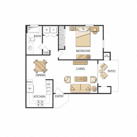 Floor plan for 1 bed, 1 bath, 664 sqft