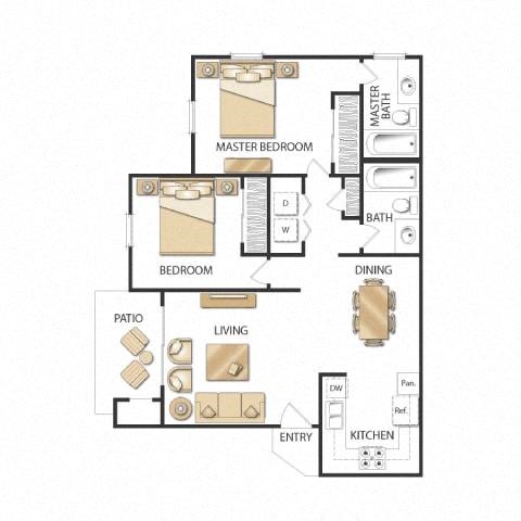 Floor plan for 2 beds, 2 baths, 865 sqft