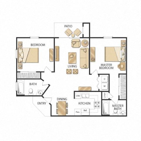 Floor plan for 2 beds, 2 baths, 871 sqft