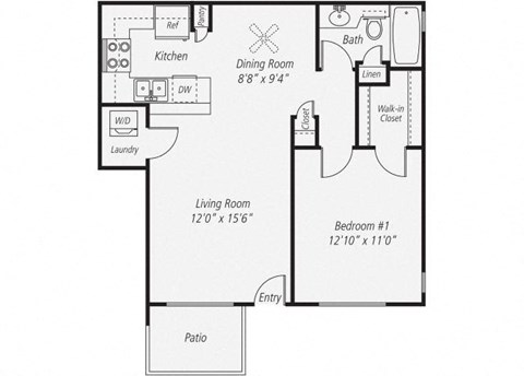 Floor plan for 1 bed, 1 bath, 670 sqft