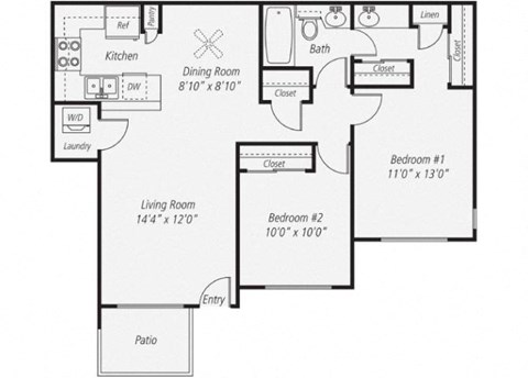 Floor plan for 2 beds, 1 bath, 900 sqft