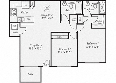 Floor plan for 2 beds, 2 baths, 925 sqft