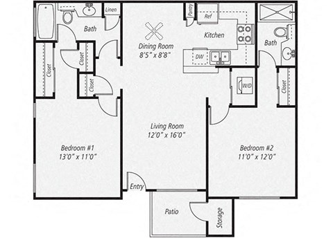 Floor plan for 2 beds, 2 baths, 945 sqft
