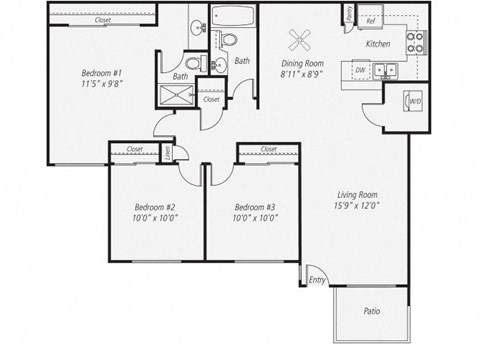 Floor plan for 3 beds, 2 baths, 1095 sqft