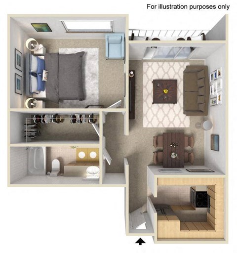 Floor plan for 1 bed, 1 bath, 678 sqft