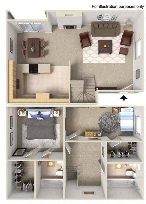 Floor plan for 2 beds, 2 baths, 907 sqft