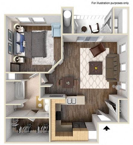 Floor plan for 1 bed, 1 bath, 670 sqft