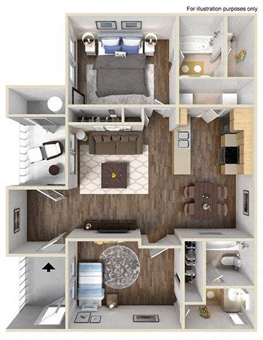 Floor plan for 2 beds, 2 baths, 929 sqft