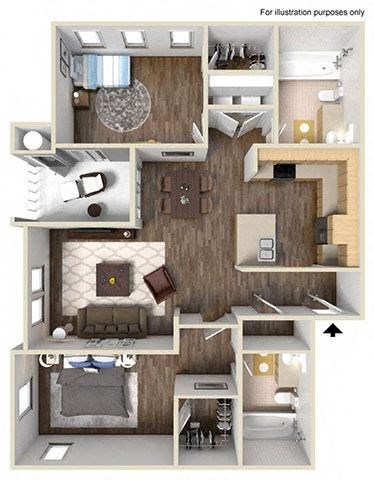 Floor plan for 2 beds, 2 baths, 1033 sqft