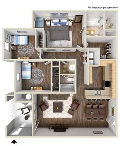 Floor plan for 3 beds, 2 baths, 1278 sqft