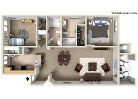 Floor plan for 2 beds, 2 baths, 1114 sqft