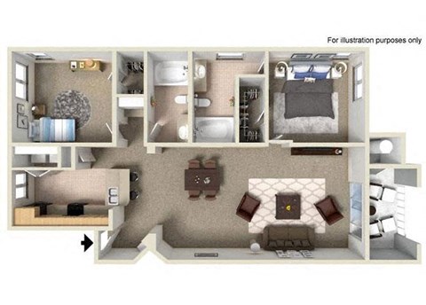 Floor plan for 2 beds, 2 baths, 1111 sqft