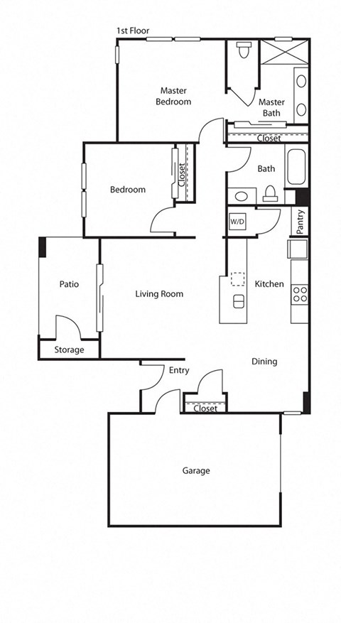 Floor plan for 2 beds, 2 baths, 1070 sqft