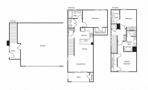 Floor plan for 3 beds, 3 baths, 1422 sqft