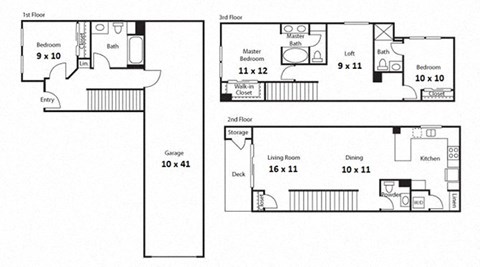 Floor plan for 3 beds, 3.5 baths, 1630 sqft