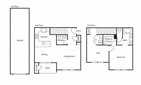 Floor plan for 1 bed, 1.5 baths, 1067 sqft