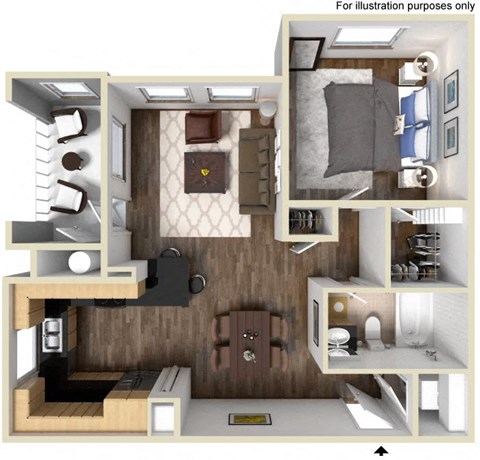 Floor plan for 1 bed, 1 bath, 732 sqft