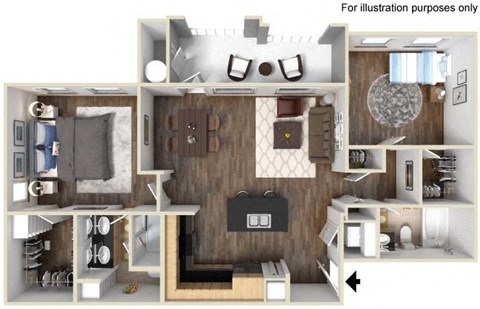 Floor plan for 2 beds, 2 baths, 1051 sqft