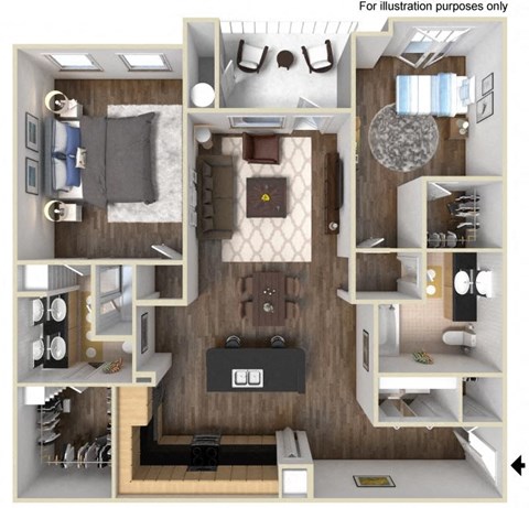 Floor plan for 2 beds, 2 baths, 1233 sqft