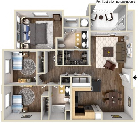 Floor plan for 3 beds, 2 baths, 1343 sqft