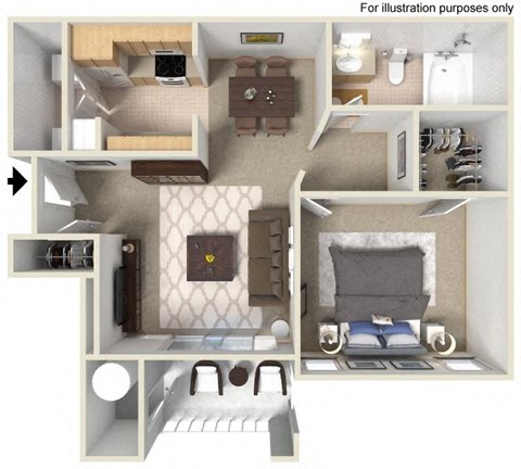 Floor plan for 1 bed, 1 bath, 656 sqft