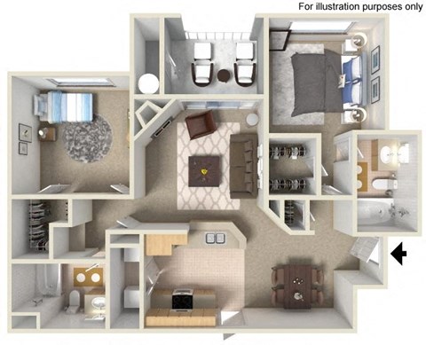 Floor plan for 2 beds, 2 baths, 1040 sqft