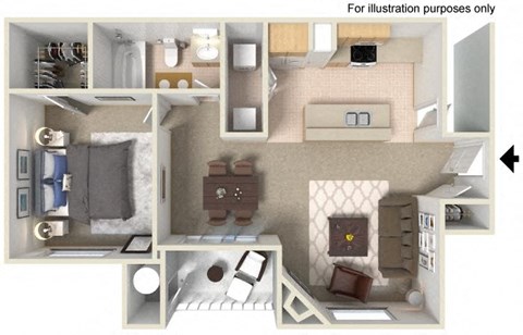 Floor plan for 1 bed, 1 bath, 809 sqft