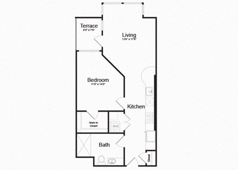 Floor plan for 1 bed, 1 bath, 713 sqft