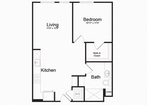 Floor plan for 1 bed, 1 bath, 688 sqft