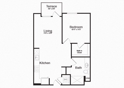 Floor plan for 1 bed, 1 bath, 679 sqft