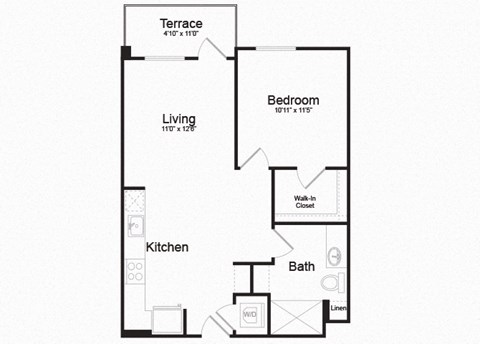 Floor plan for 1 bed, 1 bath, 677 sqft