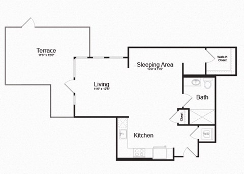 Floor plan for studio, 1 bath, 687 sqft