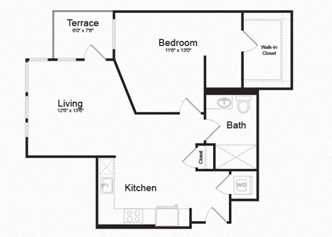 Floor plan for 1 bed, 1 bath, 790 sqft