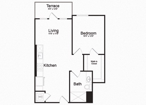 Floor plan for 1 bed, 1 bath, 635 sqft