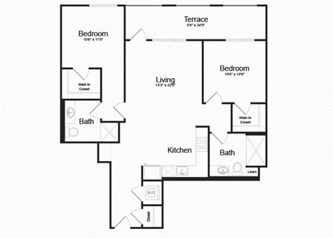 Floor plan for 2 beds, 2 baths, 1029 sqft
