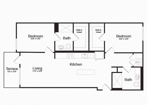 Floor plan for 2 beds, 2 baths, 1048 sqft