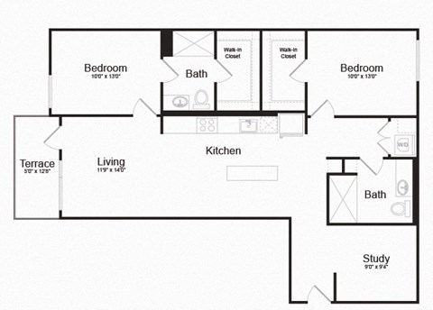 Floor plan for 2 beds, 2 baths, 1192 sqft