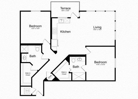 Floor plan for 2 beds, 2 baths, 1206 sqft