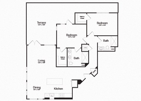 Floor plan for 2 beds, 2 baths, 1260 sqft