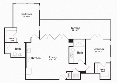Floor plan for 2 beds, 2 baths, 1087 sqft
