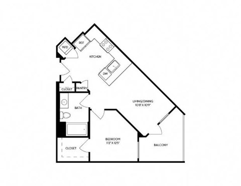 Floor plan for 1 bed, 1 bath, 674 sqft