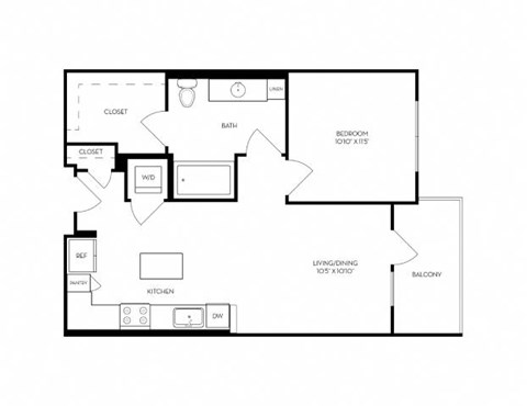 Floor plan for 1 bed, 1 bath, 701 sqft