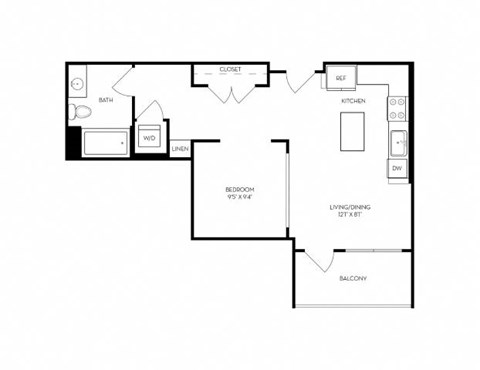 Floor plan for 1 bed, 1 bath, 622 sqft