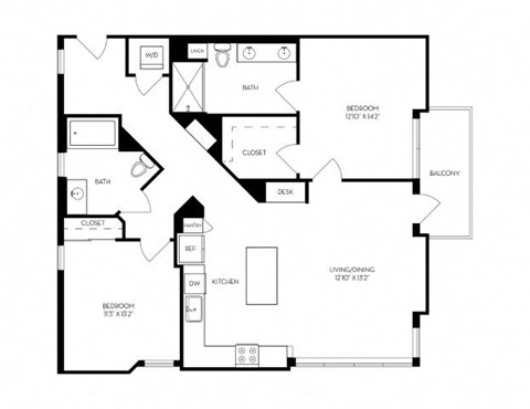 Floor plan for 2 beds, 2 baths, 1288 sqft