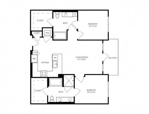 Floor plan for 2 beds, 2 baths, 1129 sqft